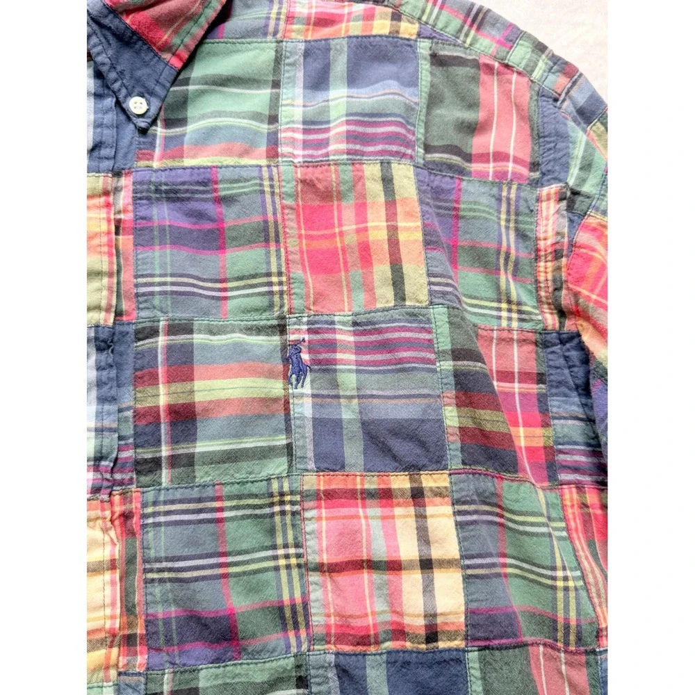 vtg 90s Polo Ralph Lauren Mens‎ sz XL Patchwork madras Plaid Button Down Shirt